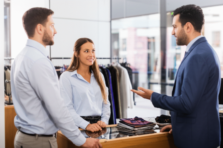 Pessoa negociando preço em uma loja, economizando dinheiro