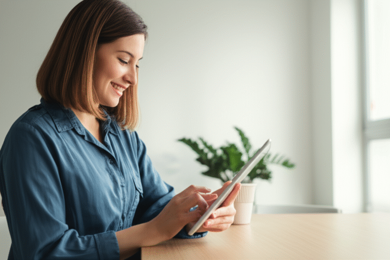 Mulher sorrindo usando tablet para encontrar cupons online