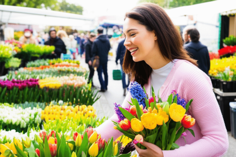 Compras de Primavera com Descontos. Mulher comprando flores em uma feira de primavera.