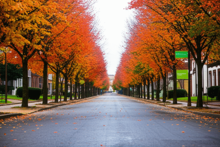 Compras de Outono: Preparação para o Inverno. Folhas de outono em uma rua arborizada.