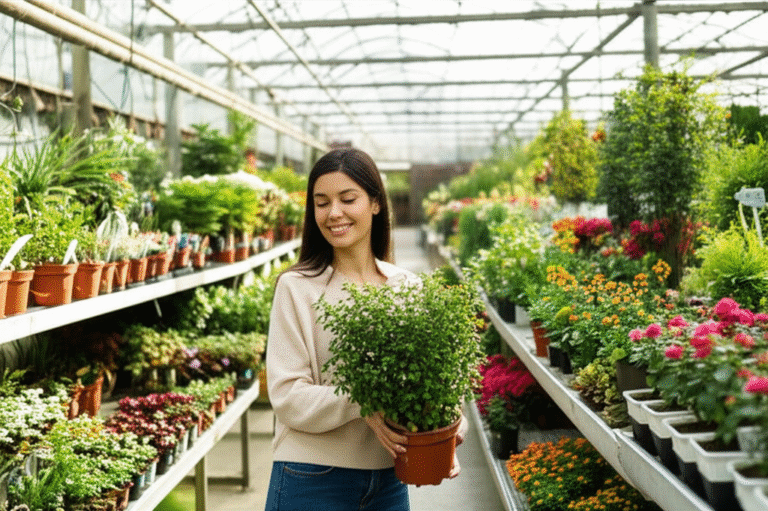 Compras de Primavera Mulher sorrindo comprando plantas em uma loja de jardinagem na primavera.