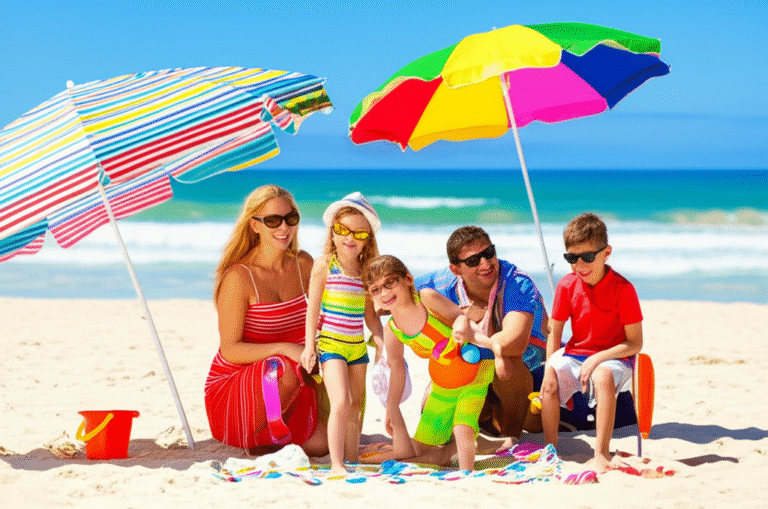Compras de Verão Família aproveitando a praia no verão com equipamentos de lazer.