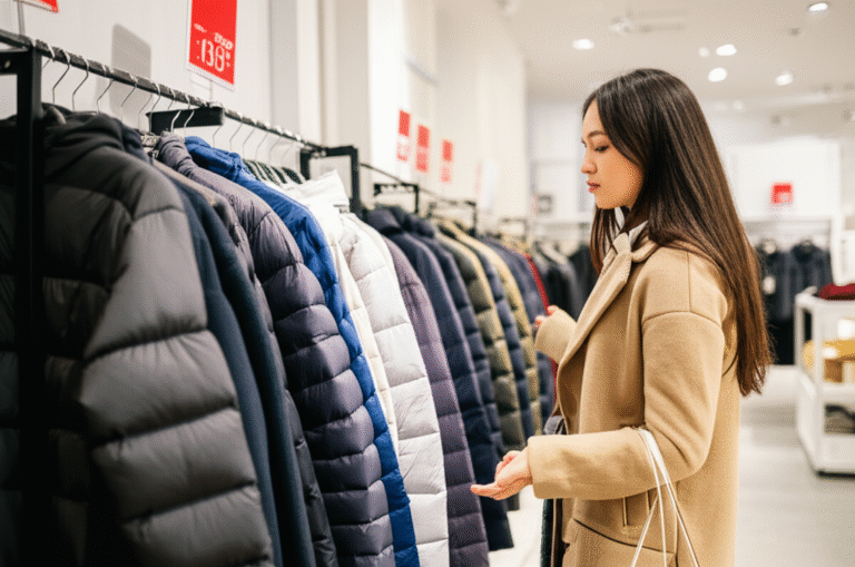 Compras de Outono e Inverno Mulher comprando casacos de inverno em uma loja com desconto.