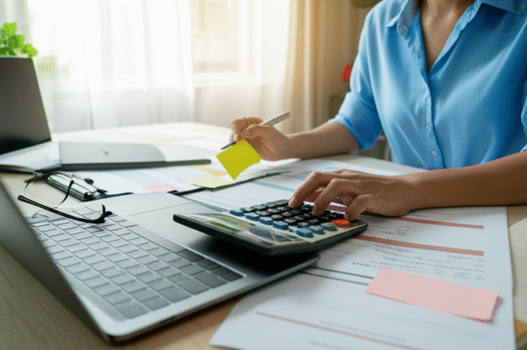 Planejamento Orçamentário Flexível Pessoa planejando orçamento financeiro com calculadora e notas