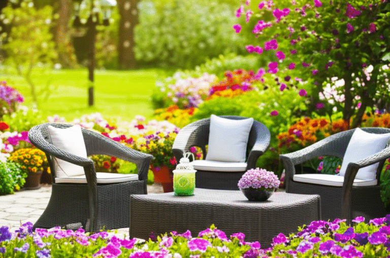 Preparando o Jardim para a Primavera Jardim florido com móveis de exterior