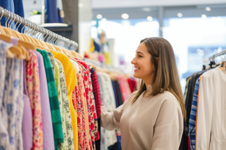 Compras de Primavera Mulher escolhendo roupas em uma loja durante a primavera