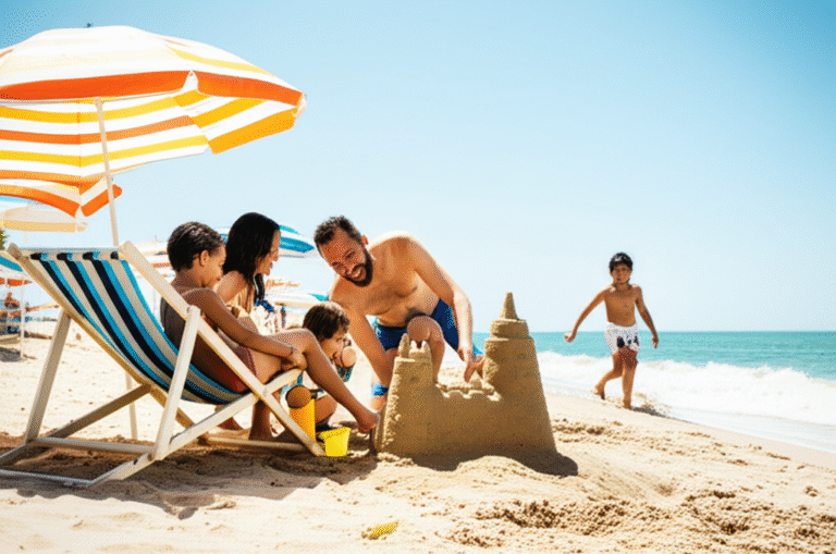 Férias de Verão Família se divertindo na praia durante o verão