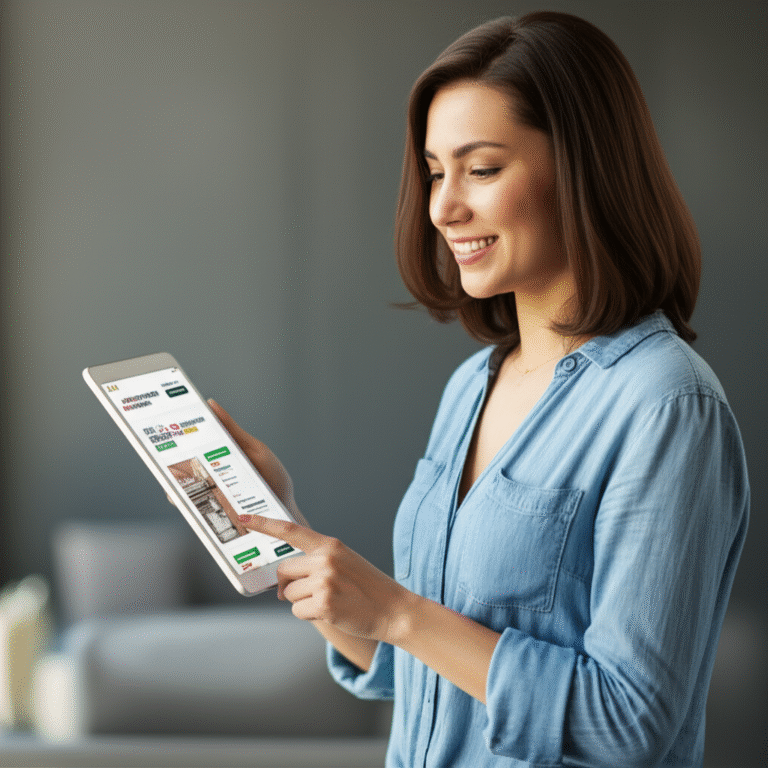 Acesso VIP Newsletter Mulher sorrindo olhando para um tablet com uma newsletter aberta