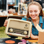 Mulher sorrindo encontrando um item vintage em um mercado de troca online