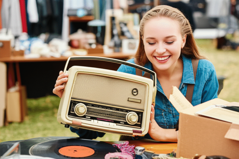 Achados Inesperados Online Mulher sorrindo encontrando um item vintage em um mercado de troca online