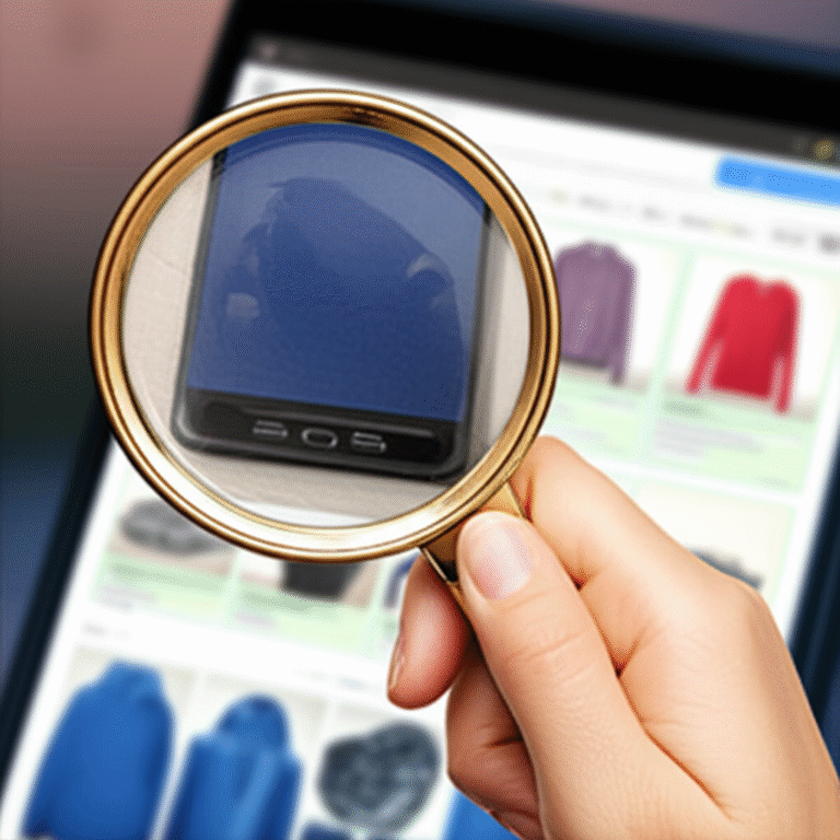 Segurança em Compras Online Mão segurando lupa examinando a foto de um produto em um mercado de troca online