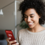 Mulher feliz recebendo notificação de alerta de preço no celular.