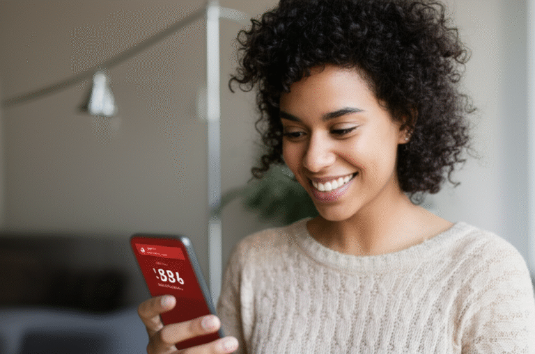 Alertas de Preço e Economia Mulher feliz recebendo notificação de alerta de preço no celular.