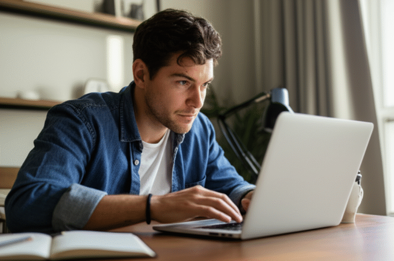 Caça aos Cupons de Desconto Homem pesquisando cupons de desconto em um notebook.