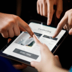 Pessoas contribuindo para um projeto de crowdfunding em um tablet