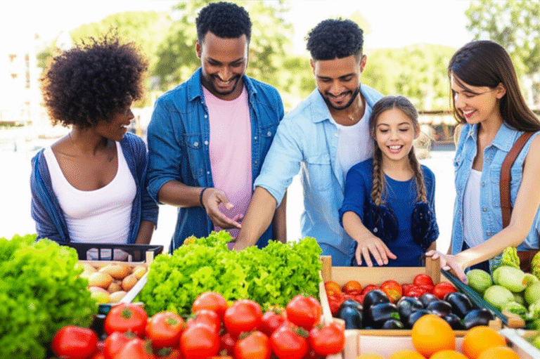 Compras Colaborativas em Grupo Grupo de pessoas selecionando frutas e legumes em uma feira