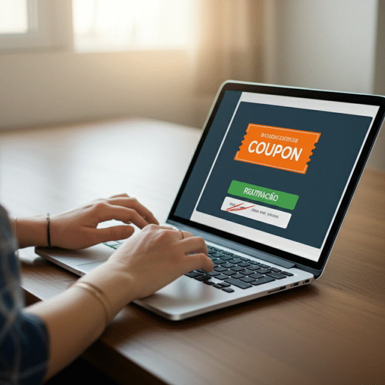 Reativando Cupons Online Mãos digitando em um laptop com um cupom de desconto na tela.
