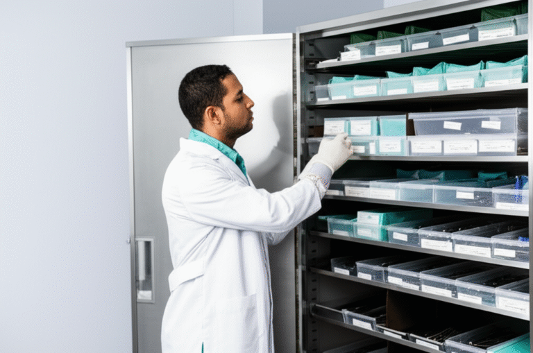 Gerenciamento Eficiente de Estoque Cirúrgico Profissional conferindo o estoque de materiais cirúrgicos.