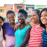 Pessoas sorrindo em uma comunidade ajudada por doações.