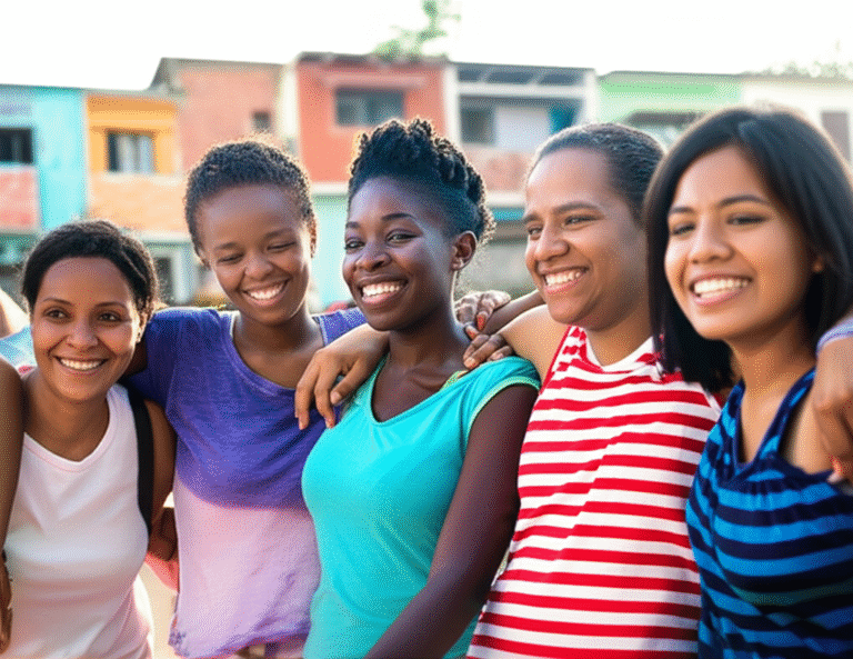 Impacto Social das Compras Conscientes Pessoas sorrindo em uma comunidade ajudada por doações.